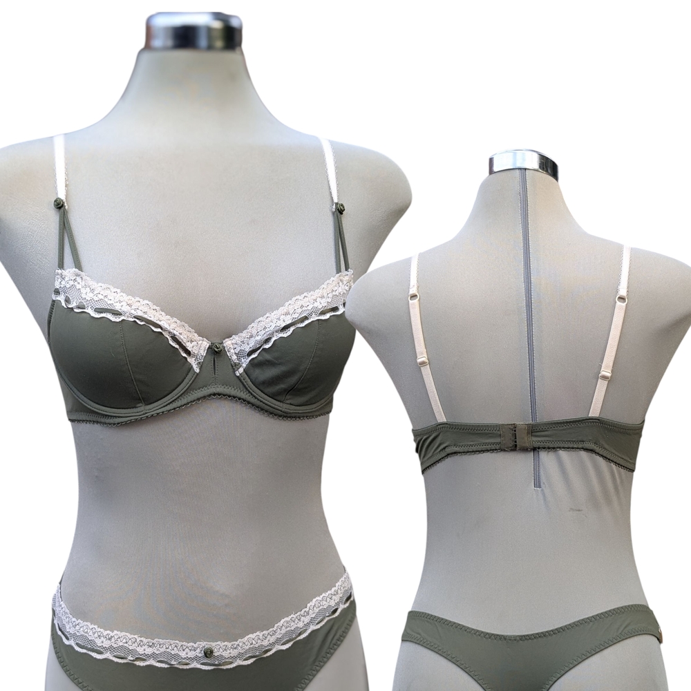 Chic Olive Lace Trim Women's Panties And Bra Size S